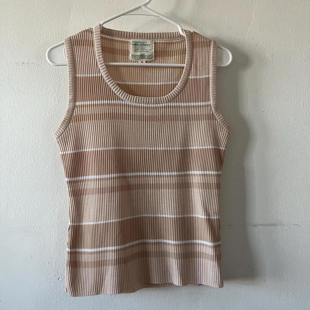 Vintage Alex Colman California Sleeveless Ribbed Tank Top - Brown, White Stripes